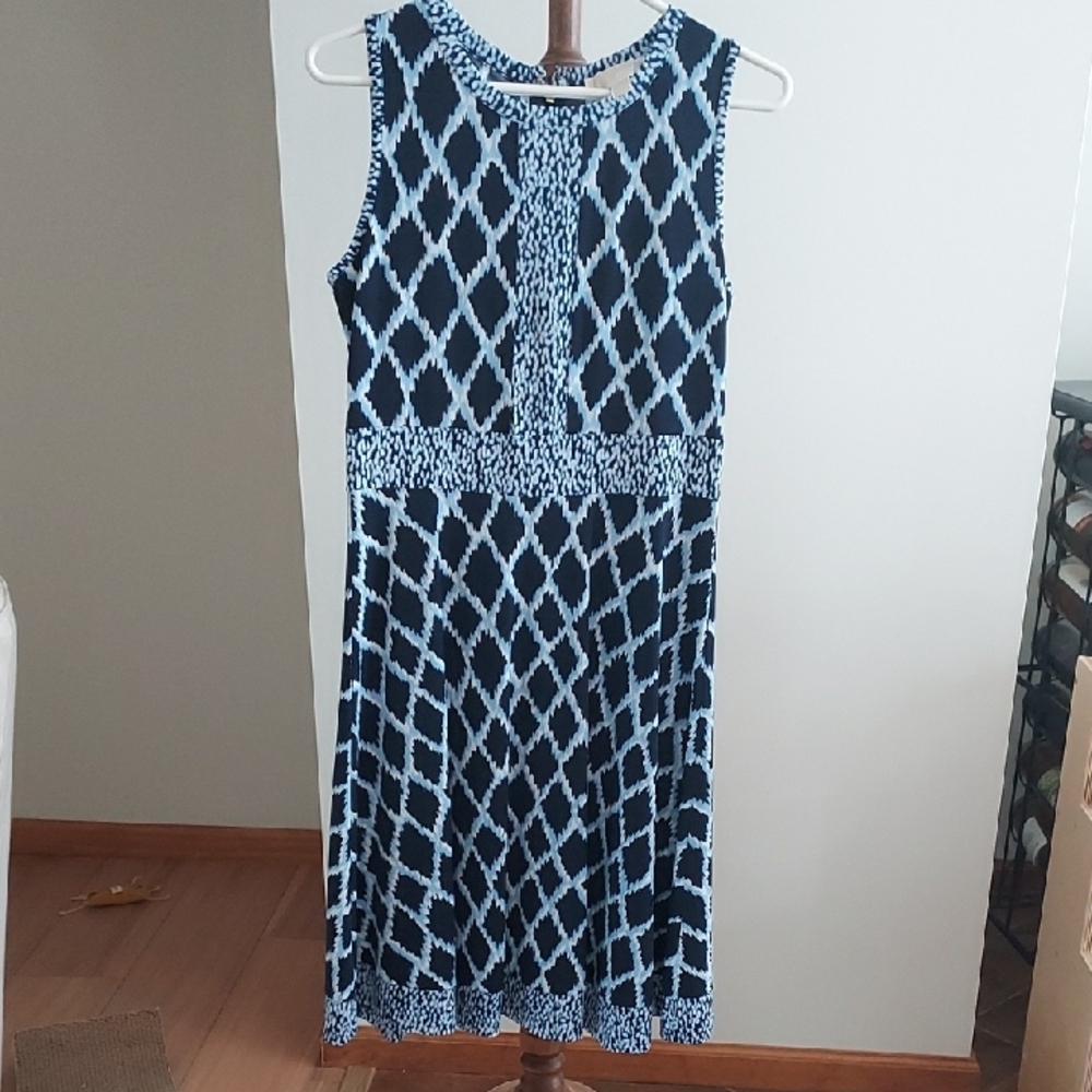 MICHAEL Michael Kors Navy and Light Blue Sleeveless Fit-and-Flare Midi Dress